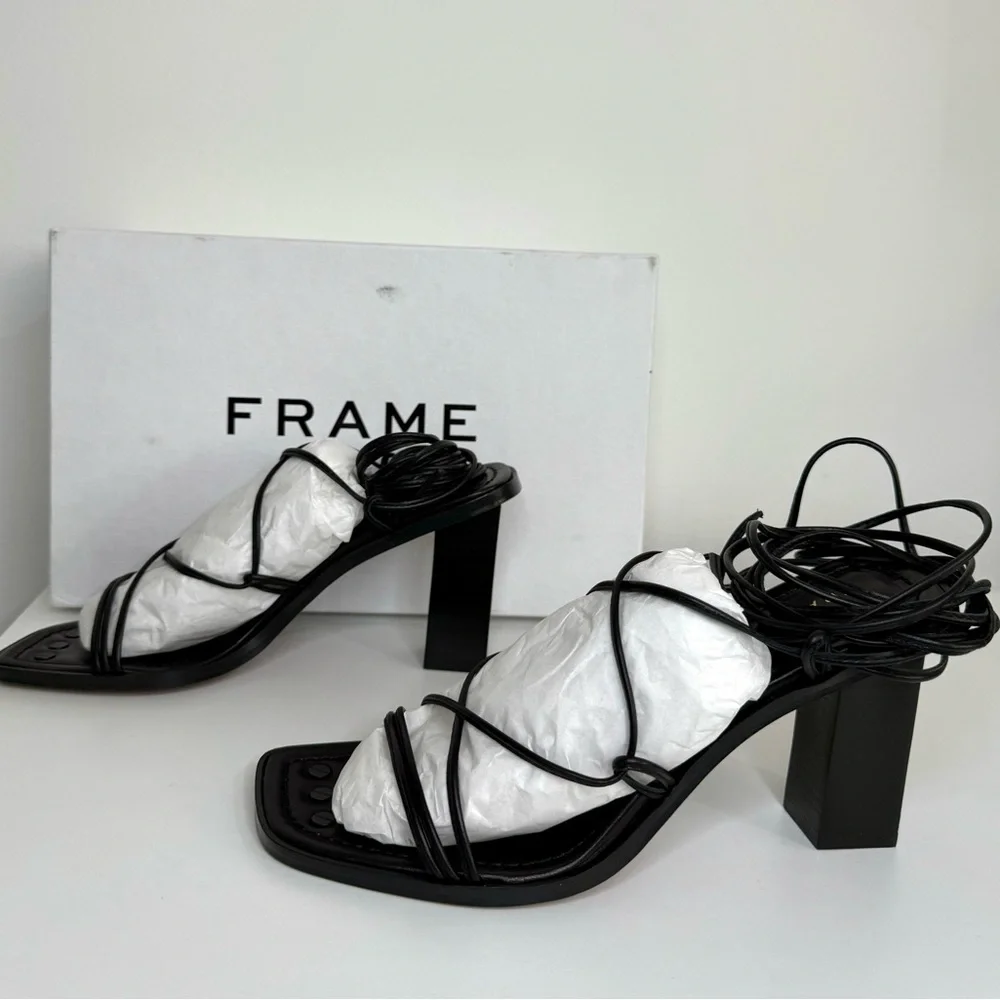 Frame NIB Black Le Doheny Ankle Wrap Leather Heeled Sandals